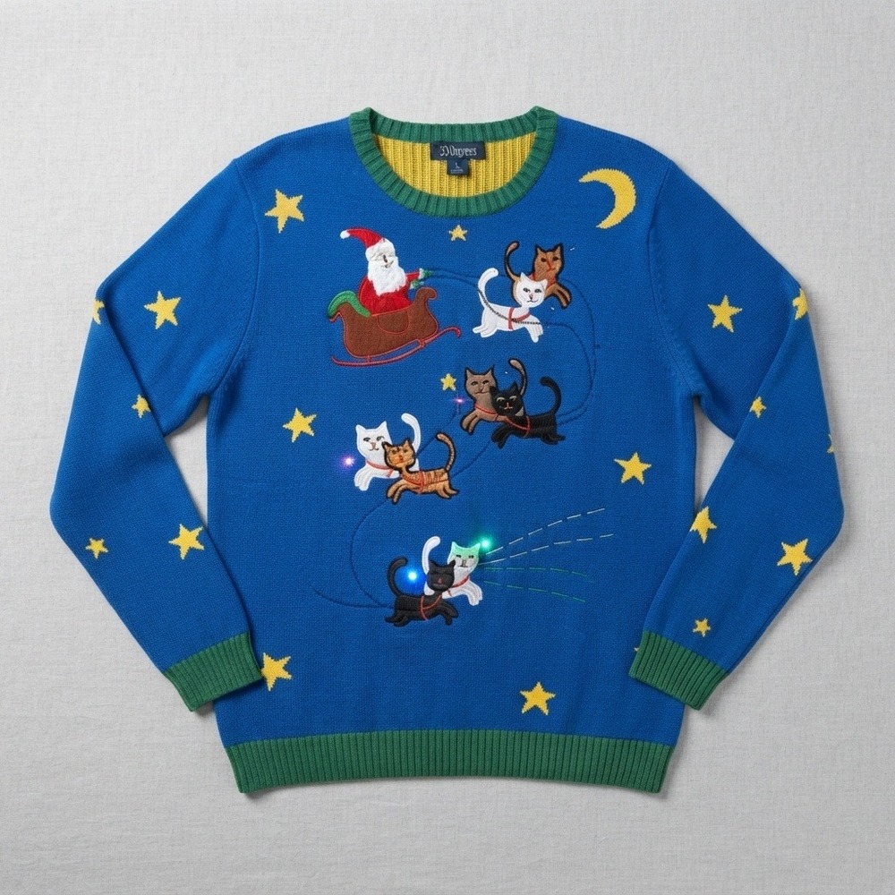 3d ugly Christmas Sweater Light Up Santa Cats Blue Cotton Large holiday kitsch